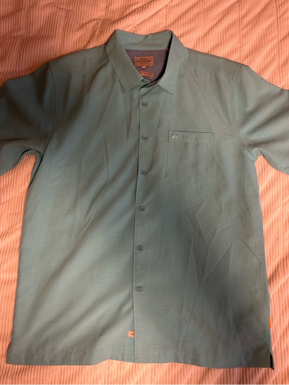 Quiksilver Shirt Men's Medium Aqua SS Comfort Fit Button Up Waterman Collection